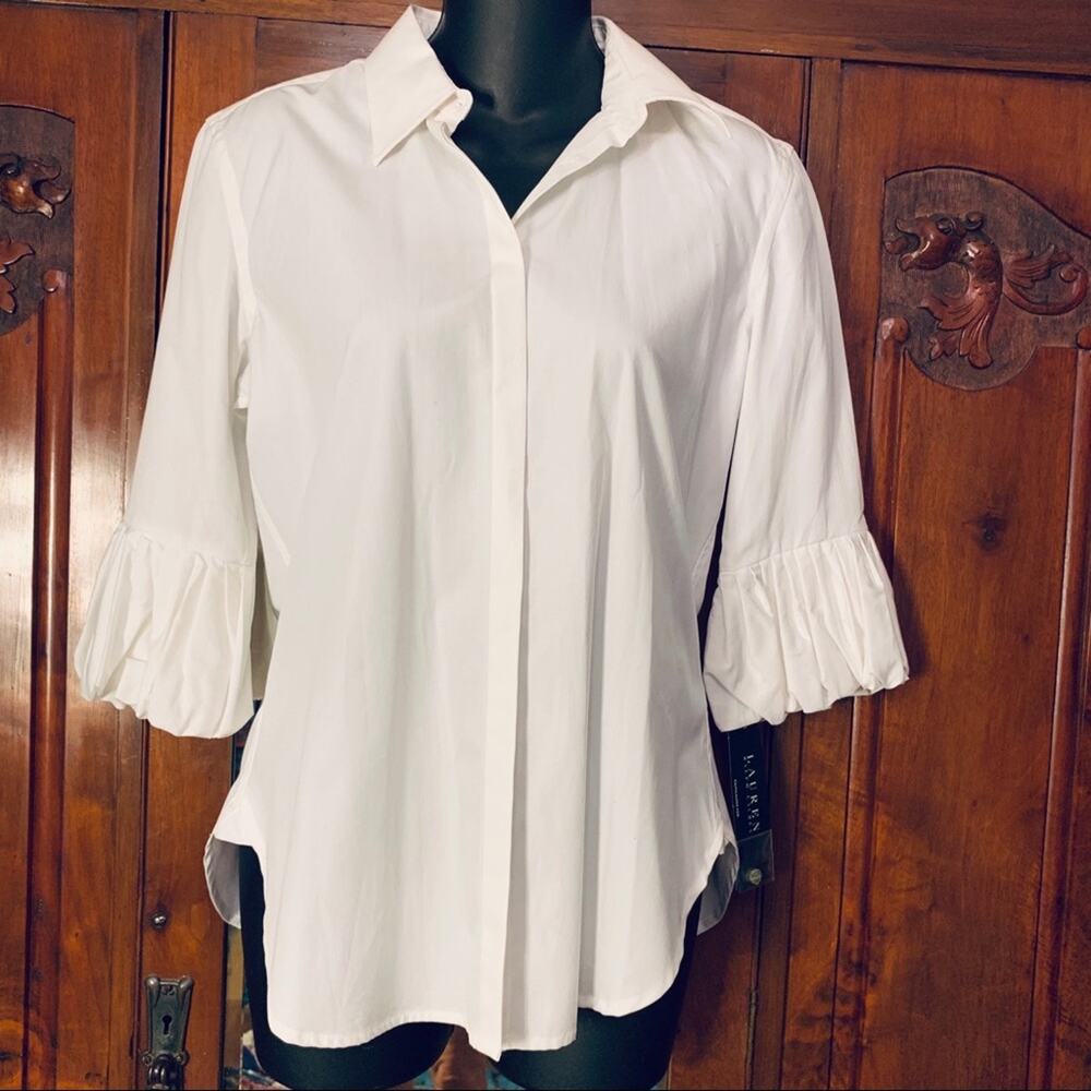 NWT RALPH LAUREN BUTTON DOWN RUFFLE SLEEVE BLOUSE SHIRT xs. CBK STYLE